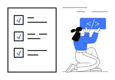 Kadın geliştirici kontrol listesi ile kodlanırken diz çöküyor. Program, iş akışı, görevler, proje yönetimi, üretkenlik, yazılım geliştirme, basit iniş sayfası için ideal