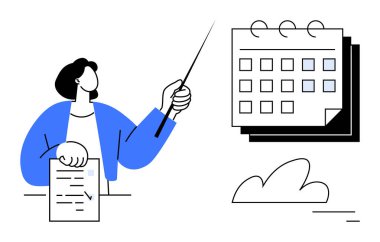 Elinde belgeyi tutan kişi, takvime bir işaretçiyle bakıyor, basit görsellerle çevrili. Planlama, planlama, organizasyon, proje yönetimi, eğitim, takım çalışması için ideal basit bir iniş sayfası