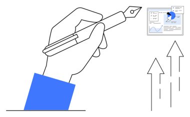 Planlama için el ele tutuşan kalem, analizi gösteren veri tablosu ve büyümeyi gösteren yukarı doğru oklar. İş planlaması, analiz, büyüme stratejisi, başarı görselleştirme, mali