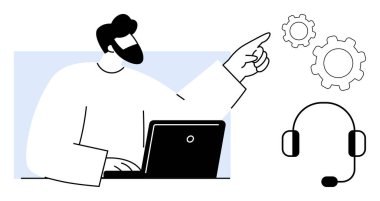 Bir dizüstü bilgisayar kullanan ve vites sembolleri ve kulaklığa işaret eden, teknolojiyi, üretkenliği, desteği, yeniliği, iletişimi, yardımı ve işbirliğini temsil eden kişi. İş için ideal