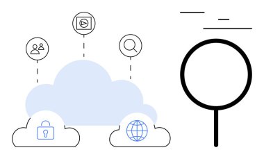 Güvenlik sembolleri olan bulut, küresel bağlantı, arama ve medya. Kesik çizgiler buluta simgeleri bağlıyor. Büyüteç arama yapılmasını öneriyor. Teknoloji, veri ve güvenlik bulutu hesaplaması için ideal