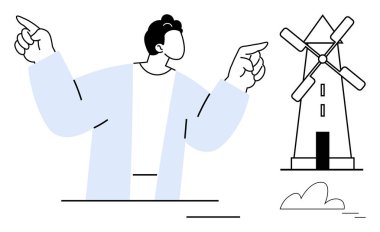 Soyut karakter yel değirmeninin yanında el kaldırıyor. Enerji, sürdürülebilirlik, eko-bilinç, rüzgar enerjisi, yenilik, ilerleme ve doğa temaları için idealdir. Basit düz metafor