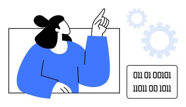 Mavi elbiseli kadın, teknoloji, gelişme ve problem çözme anlamına gelen ikili kodları vurguluyor. Yenilik, programlama, beyin fırtınası, yazılım oluşturma, analitik, eğitim için ideal