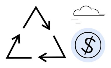 Oklarla geri dönüşüm üçgeni, mavi dairenin içinde dolar işareti, minimum bulut. Sürdürülebilirlik, eko-bilinçli uygulamalar, mali büyüme, kaynak yönetimi, dairesel ekonomi, çevre