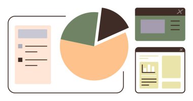 Analiz için turta grafiği merkezi, interaktif web pencere arayüzleriyle çevrili. Analiz, veri görselleştirme, araştırma, pazarlama, sunumlar, raporlama için ideal, basit düz metafor