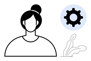 Bun saç stili olan basit kadın göğüsleri, fikirler ve dekorlar için bir dişli ve soyut bitki unsurları. Teknoloji için ideal, üretkenlik, yaratıcılık, takım çalışması, profiller, yenilik basit düz