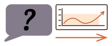 Konuşma baloncuğu ve yukarı doğru büyüdüğünü gösteren bir çizginin yanında soru işareti. Turuncu ok ilerlemeyi vurgular. Analiz, büyüme, ilerleme, veri güdümlü kararlar ve iletişim için ideal