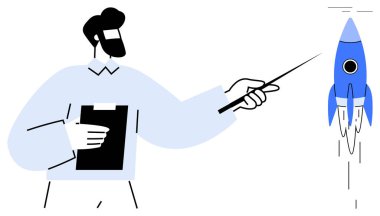 Mavi roketi gösteren bir pano tutan adam. İş büyümesi için ideal, başlangıç başlangıcı, planlama, yenilik, başarı, liderlik eğitimi. Hırs için basit düz bir metafor.