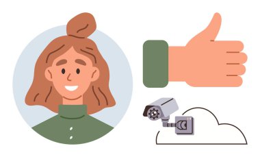 Gülümseyen kadın profili, baş parmak işareti, güvenlik kamerası ve bulut elementi. Çevrimiçi kimlik, sosyal etkileşim, güvenlik, gizlilik, onaylı dijital profil ağı için ideal. Basit düz