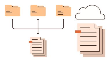 Bağlı dizinler ve belgeler bulut deposuna aktarılıyor, veri paylaşımı, organizasyon ve erişim vurgulanıyor. Dosya depolama, işbirliği, teknoloji, üretkenlik, yedekleme için ideal