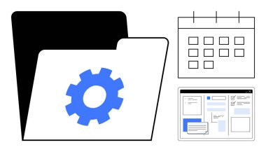 Dişli illüstrasyon ayarları, zamanlama takvimi ve proje planlama için web sayfası şablonları olan dizin. İş akışı, görev yönetimi, üretkenlik, planlama, organizasyon, programlama için ideal