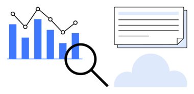 Bar ve hat çizelgeleri büyüteç, organize belgeler ve bulut depolama görüntüsüyle analiz edildi. Analiz, araştırma, depolama, iş, teknoloji stratejisi eğitimi için ideal. Basit düz metafor