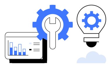 Gösterge panelinde bar çizelgesi, ingiliz anahtarı olan ekipman, teçhizatlı ampul, aşağıda bulut. Teknoloji, veri analizi, yenilik, takım çalışması problem çözme teknolojisi entegrasyonu için idealdir. Basit düz