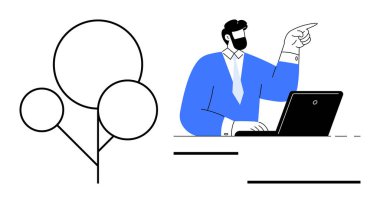 Resmi kıyafetli bir adam dizüstü bilgisayarla masada oturuyor ve kendinden emin bir şekilde el kol hareketi yapıyor. Takım çalışması, beyin fırtınası, iş planlaması, yenilik, liderlik, karar verme iletişimi için ideal. Basit düz