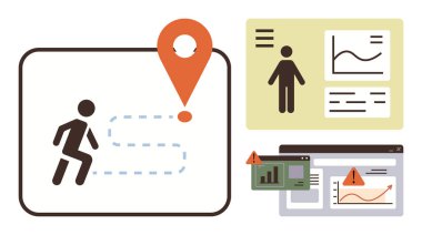 Konum kodlu, veri çizelgeli, aygıtlarda alarmlı kişi. Analiz, navigasyon, ilerleme takibi, kullanıcı davranışı, karar verme, risk yönetimi için ideal basit düz metafor