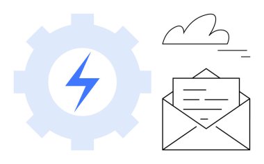 Yıldırımlı teçhizat, içinde belge olan zarf ve bulut çizgisi. Otomasyon, e-posta yönetimi, bulut çözümleri, enerji, iş akışı optimizasyonu, teknoloji sade iniş sayfası