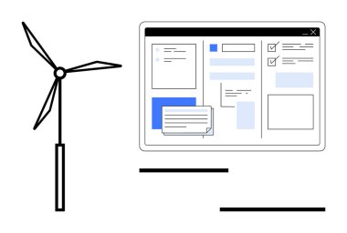 Haritalar ve mesajlarla dolu dijital arayüzün yanında modern rüzgar türbini. Yenilenebilir enerji, teknoloji, sürdürülebilirlik, yeşil yenilik, veri analizi, çevre dostu süreçler, basit düz