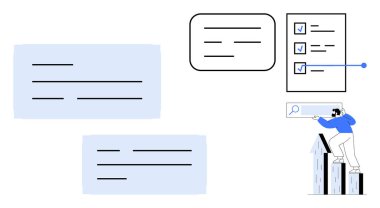 İşaretli kutular, arama simgesi, konuşma baloncukları ve görevleri yöneten, organizasyonu, verimliliği ve berraklığı vurgulayan bir kişi. Planlama ve görev önceliği belirleme için ideal