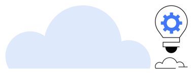 Büyük mavi bulut, içinde yaratıcılığı, fikirleri ve bulut hesaplamasını sembolize eden bir donanım bulunan bir ampulle birlikte. Teknoloji, yenilik, ağ, yazılım, bulut depolama işi için ideal