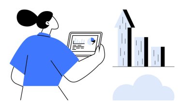 Mavili kadın elinde analitik tabletle yukarı doğru giden bir grafik ve bulut elementinin yanında duruyor. İş, büyüme, veri analizi, bulut hesaplaması, strateji, ilerleme, basit iniş için ideal