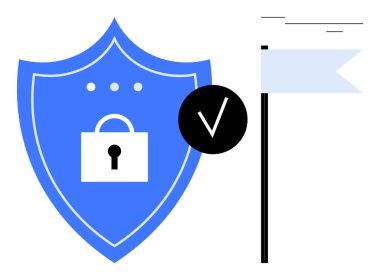 Kilitli mavi kalkan siber güvenliği simgeler, siyah işaret onayı simgeler, beyaz bayrak başarıyı simgeler. Güvenlik, koruma, güven, doğrulama, veri güvenliği, güvenilirlik için ideal