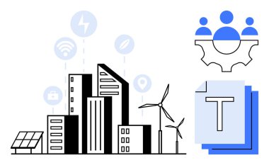 Yüksek binalar, güneş panelleri, enerji ve ağ ikonlu rüzgar türbinleri, takım işbirliği sembolü ve belge yığını. Fütürizm için ideal, eko-yaşam, takım çalışması, yenilenebilir yenilik