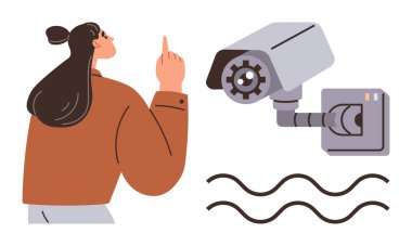 Kadın, özel hayatı ve monitörü vurgulayarak duvarlara monte edilmiş bir kamera karşısında el kol hareketi yapıyor. Güvenlik, gözetleme, gizlilik, teknoloji, yönetmelik, farkındalık veri izleme için idealdir. Asgari basit