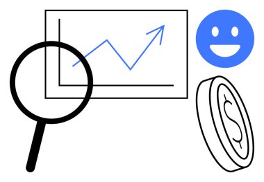 Büyüteç analizi çizelgesi, yukarı ok, dolar para ve mutluluk. İş, finans, pazarlama, strateji, büyüme, analitik ve basit iniş sayfası için ideal
