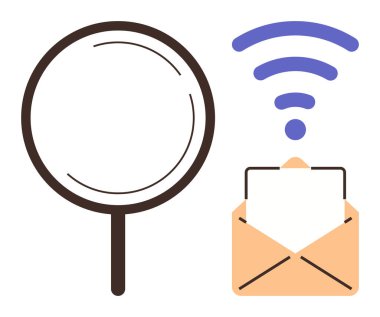 Üstünde sinyal simgesi olan açık bir e-posta zarfının yanında büyüteç, arama, e-posta ve kablosuz iletişimi simgeliyor. Araştırma, bağlantı, ağ, analiz, veri teknolojisi için ideal