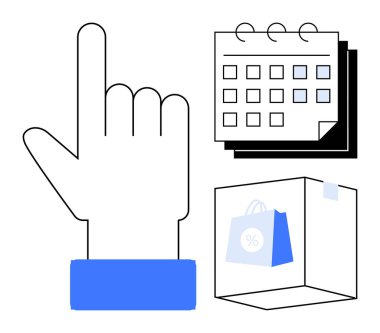 El işaretleme hareketi, takvim ızgarası ve yüzde yüzdesiyle alışveriş torbası. Perakende tarifesi, indirimler, e-ticaret promosyonları, zaman yönetimi, karar verme kampanyaları, pazarlama kampanyaları için ideal