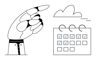 Robot el kontrol listesi takvimine işaret ediyor. Bulut organize olmayı, takip etmeyi ve teknolojik uygulamayı öneriyor. Planlama, üretkenlik, teknoloji, yapay zeka, yenilik otomasyonu için ideal