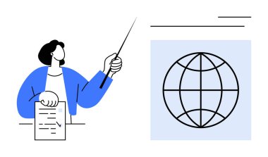 Elinde bir işaret ve belge tutan, küresel bir konuyu küresel bir sembolün yanında öğreten kişi. Eğitim, eğitim, sunum, strateji, öğrenme ve liderlik için ideal. Basit düz metafor