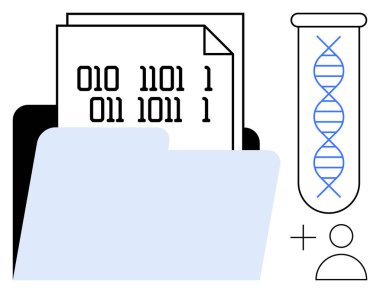 İkili veri tabloları, test tüpündeki DNA sarmalı ve kullanıcı simgesi genetik araştırma, veri depolama ve analizi sembolize ediyor. Genetik, biyoenformatik, teknoloji, araştırma yeniliği için ideal