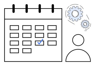 Bir tarihli takvim kontrol edildi, iki döner vites ve zamanlamayı, üretkenliği, takım çalışmasını, iş akışını, zaman yönetimini, kişisel organizasyonu ve basit düz metaforu temsil eden bir kullanıcı simgesi