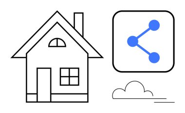 Siyah bir ev, mavi paylaşım simgesi ve bulut tasarımı. Gayrimenkul, ağ, uzaktan çalışma, iletişim, dijital pazarlama, sürdürülebilirlik ve basit iniş sayfası için ideal