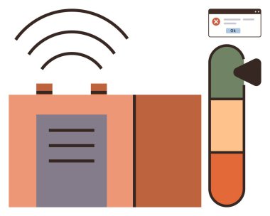 Kablosuz yönlendirici sinyal gönderiyor, hata uyarısı penceresi ve performans ölçer göstergesi. Teknoloji için ideal, internet sorunları, sorun giderme, bağlantı, çevrimiçi hata işleme, sinyal