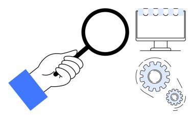 El ele tutuşan büyüteç inceleme elementleri, sekmelerle izleme ve arama, analiz ve optimizasyonu temsil eden vitesler. Araştırma, üretkenlik, yenilik ve teknoloji mühendisliği için ideal
