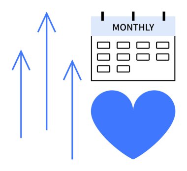 Mavi oklar, aylık takvim ve kalp büyümeyi, zaman yönetimini ve tutkuyu simgeliyor. İş stratejisi, üretkenlik, hedefler, sağlık sağlığı, kişisel gelişim ilişkisi veya