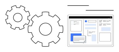 Görev listeleri, kontrol kutuları ve notlarla dolu bir bilgisayar arayüzü yakınında büyük vitesler. Verimlilik, planlama, verimlilik, iş akışı, takım çalışması optimizasyon teknolojisi için idealdir. Basit düz metafor