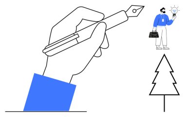 Dolma kalem, iş adamı ampulü tutuyor, basit ağaç çizgisi. Yaratıcılık, yenilik, yazı, iş dünyası, tasarım eğitimi sürdürülebilirliği için idealdir. Modern basit düz metafor