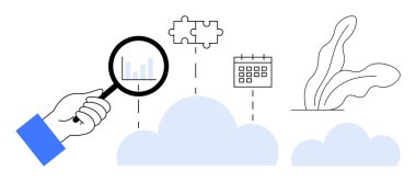 El ele tutuşan büyüteç, bar çizelgesi, bulmaca parçası, takvim, bulut ve soyut bitkiye odaklanıyor. Analiz, planlama, üretkenlik, organize bulut hesaplama entegrasyon büyümesi için ideal