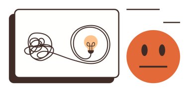 Panodaki ampule giden karışık hat sorun çözünürlüğünü ve berraklığını iletir. Tarafsız yüz duygusal tonu vurgular. Yaratıcılık, çözüm, karmaşıklık, beyin fırtınası, süreç için ideal