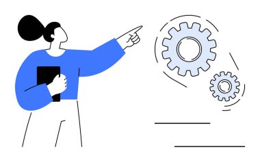 Birbirine bağlı viteslere işaret eden kadın, takım çalışması, planlama, süreç tasarımı, yenilik, gelişme, problem çözme ve stratejiyi temsil ediyor. Basit bir daire için ideal