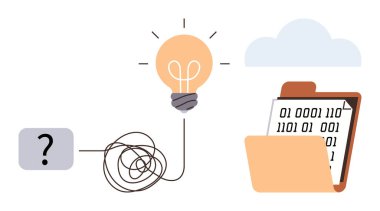 Çözüm için soru işaretinden parlayan ampule, dizindeki ikili dosya ve buluta giden karmaşık çizgi. Yenilik için ideal, problem çözme, yaratıcılık, analitik, veri yönetimi, bulut