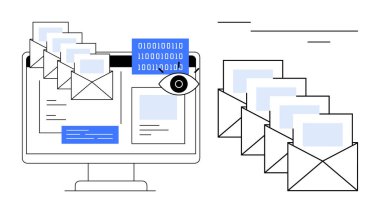 Giden posta zarfları ve bir göz sembolü olan e-posta ve kodları gösteren bilgisayar ekranı. Siber güvenlik, dijital veri, e-posta pazarlama, gizlilik, teknoloji, ticaret ve üretkenlik için ideal