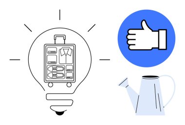 Organize bavulu olan ampul, mavi dairede onay, ve sulama yaratıcılık, hazırlık, onay ve büyüme fikirlerini birleştirebilir. İş için ideal, üretkenlik, kişisel büyüme seyahati