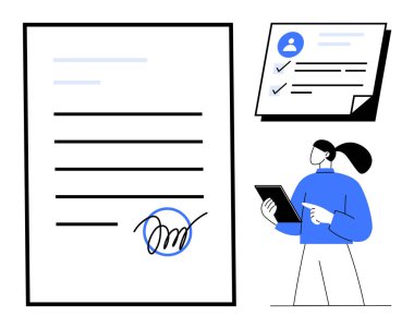 İmza, profil doğrulama kontrol listesi ve tabletteki verileri inceleyen büyük imzalı belge. Çalışma akışı, anlaşma, dijital süreç, kimlik doğrulama, yasal yönetim için ideal basit