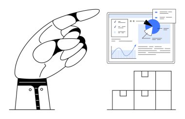 Gösterilen el, grafikler, pasta grafiği ve verilerle bir gösterge paneline vurgu yapar. Yığılmış kutular lojistik, yönetim ve organizasyonu işaret ediyor. Tedarik zinciri, analitik, iş çözümleri deposu için ideal