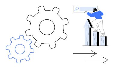 Büyük dişli çarklar, ilerlemeyi gösteren oklar ve arama çubuğu tutan yukarı doğru giden kolonlar üzerinde duran bir adam. Strateji, yenilik, takım çalışması, üretkenlik, iş büyümesi, liderlik ve hedefler için ideal