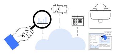 Bulut üzerindeki büyüteç bulmaca parçası, takvim, evrak çantası ve çizelgelerle bağlantılı. Veri analizi, bulut çözümleri, iş planlaması, üretkenlik, dijital araçlar için ideal basit yenilik